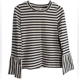 Madewell Top Womens XS Beige Blue Bell Sleeve Striped Cotton Crew Neck Pullover